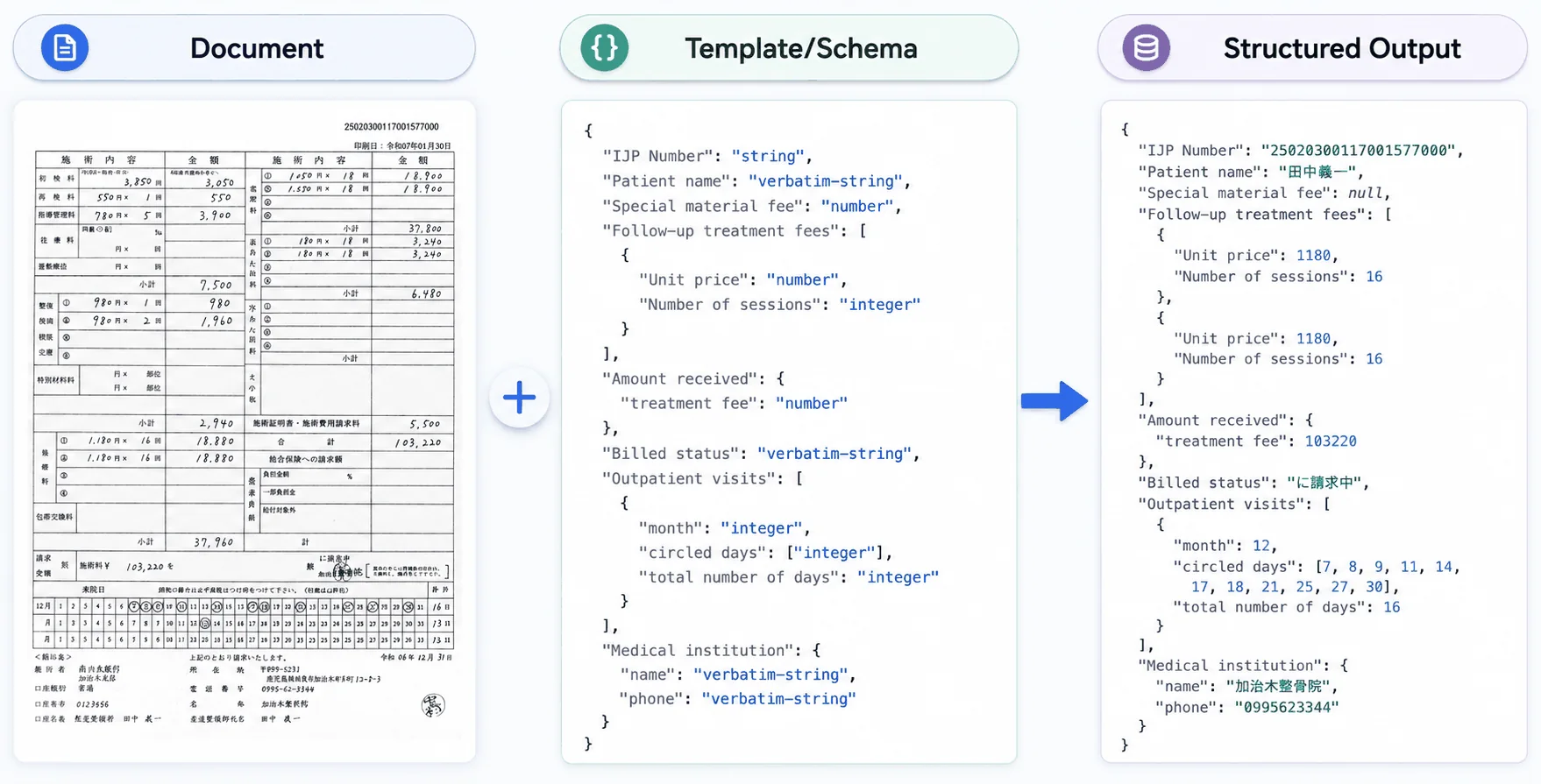 Structured extraction task. A machine-readable structured output (JSON) is extracted from a document according to a schema/template. This task automates data entry for banks, insurances, and healthcare organizations.