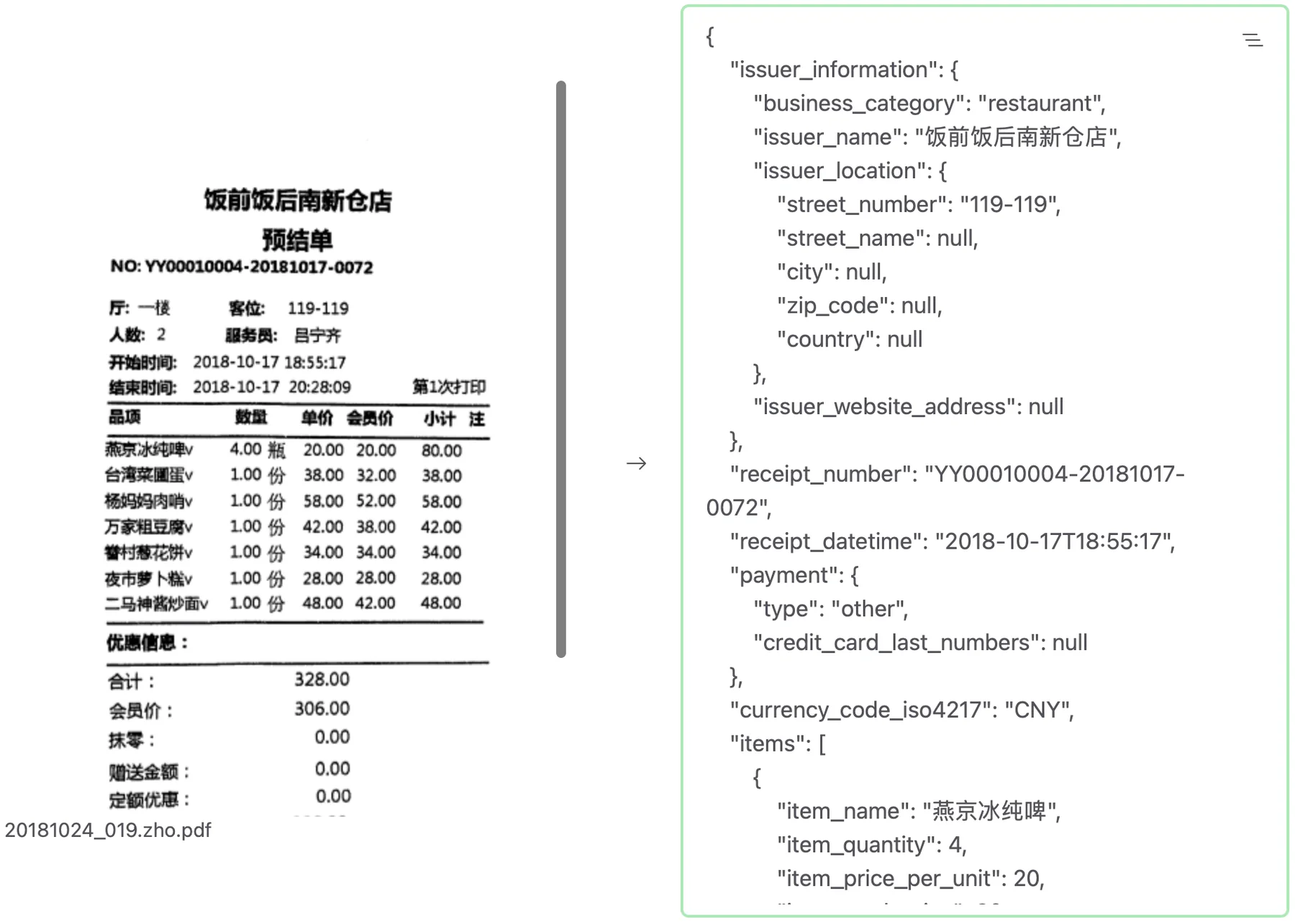 Structured extraction from a receipt of payment in Chinese.