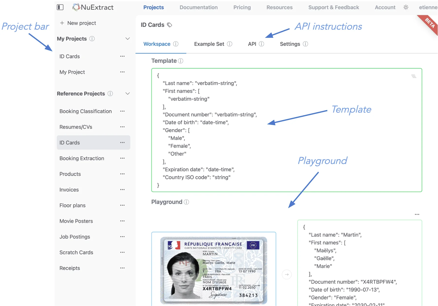 NuExtract platform graphic interface. Create a template, test the model, and extract via API.